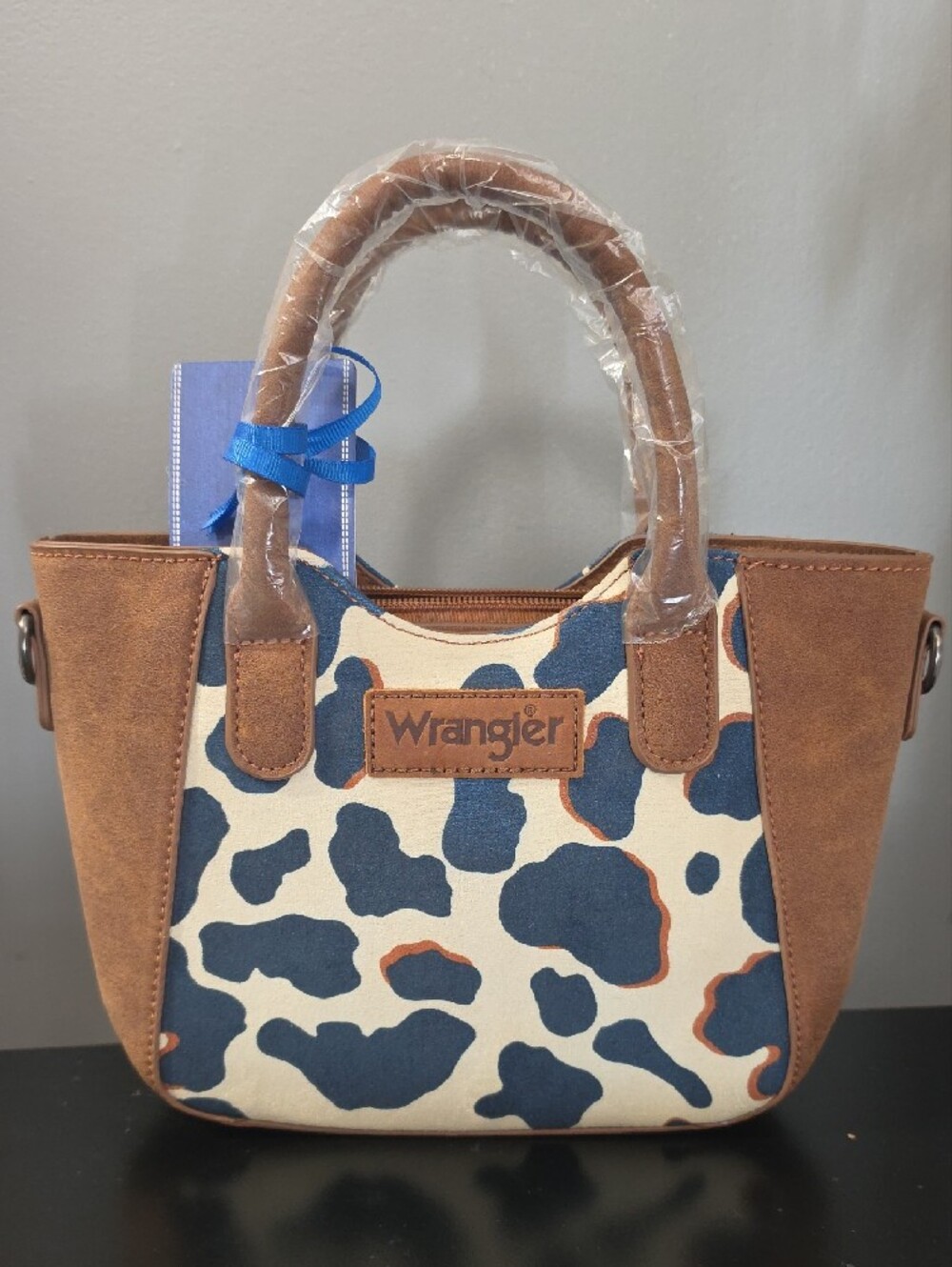 Wrangler Blue & Brown Cow Print Cross Body Tote Bag - Picture 2 of 7